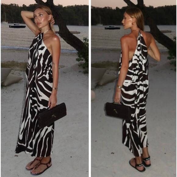 NWT ZARA Size L ZEBRA ANIMAL PRINT HALTER MAXI DRESS ZW COLLECTION Brown Black - Picture 1 of 11